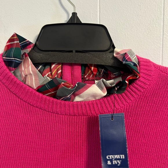 Crown & Ivy Women's Pink Sweater Plaid Collar & Cuffs‎ Layered Look Size L - Picture 5 of 8